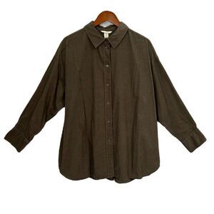 H&M Shirt Women L Olive Green Corduroy ButtonUp Pleat Cotton Comfy Casual Preppy